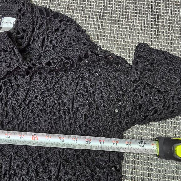 Chicos Crochet Knit Cardigan Sweater Women Large Black Bohemian Neutral Coquette - Picture 8 of 10